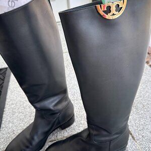 Tory Burch Black Leather Riding boots Sydney 8.5 Gold Emblem